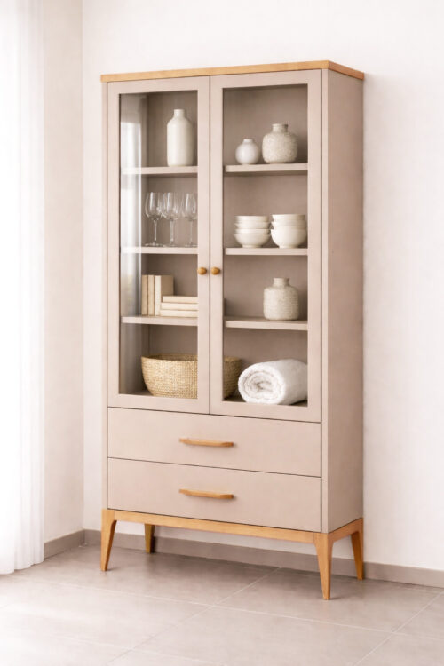 ארון ויטרינה דגם מיכל בצבע סהרה עם דלתות זכוכית, מדפים פנימיים, 2 מגירות תחתונות ידיות ורגלי עץ אלון מלא בגוון טבעי.